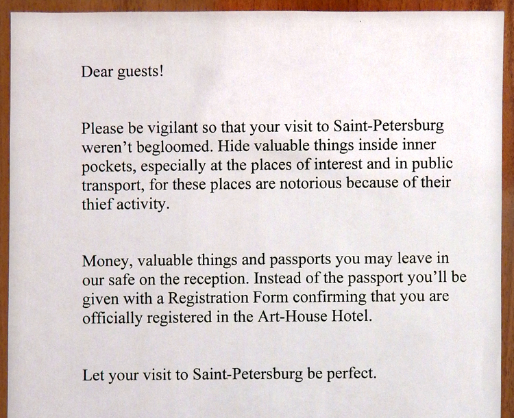St Petersburg - hotel warning to avoid being begloomed