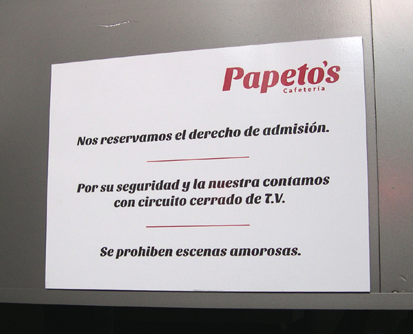 San Jose, sign forbidding 'Escenas Amorosas' in restaurant