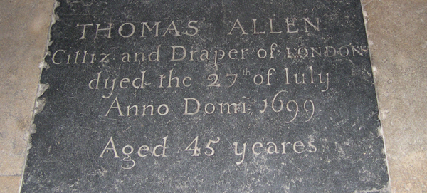 memorial stone, central aisle, St Mary Abchurch, London