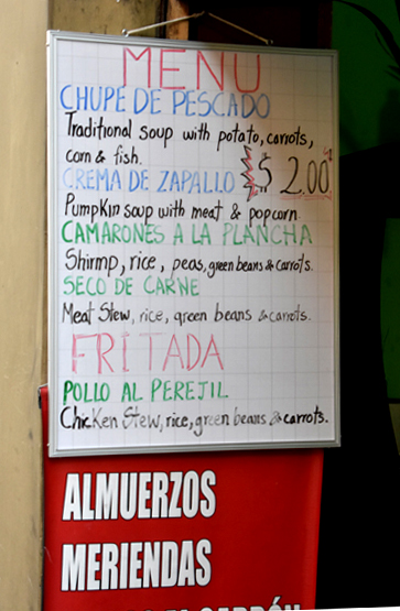 menu for 'soup with popcorn', Quito, Ecuador